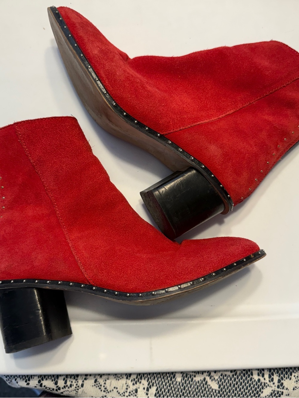 Topshop Red Suede Ankle Boots with Studded Trim - Women's Shoes Sz 37 (6.5)